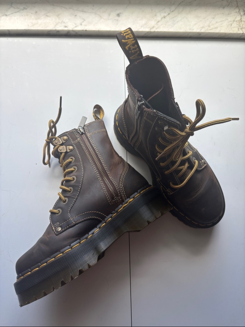 Dr. Martens Brown Lace-Up Combat Boots with Yellow Stitching